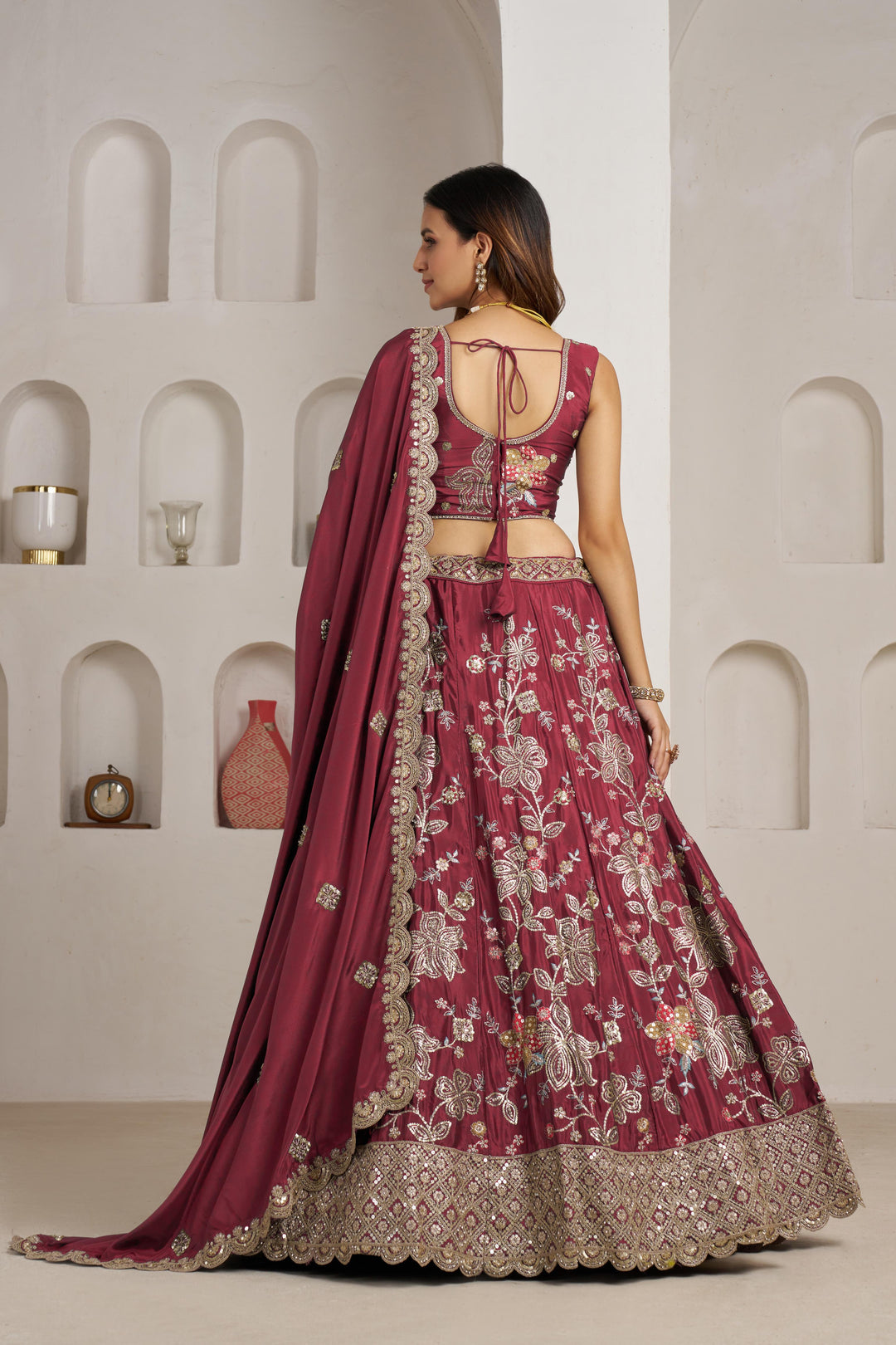Stylish Maroon Lehenga Choli with Rich Golden Floral Craftsmanship | SHOBITAM