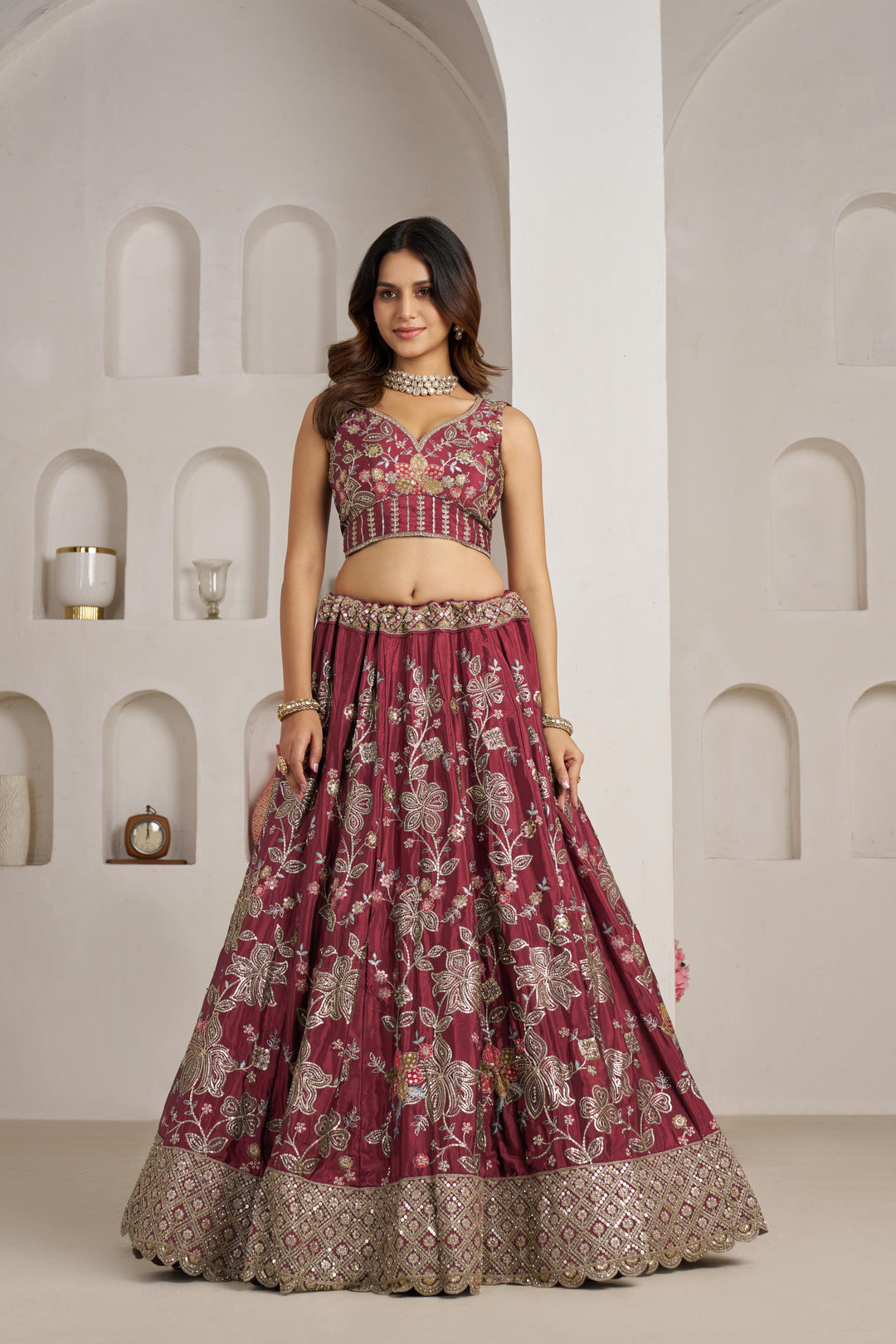 Stylish Maroon Lehenga Choli with Rich Golden Floral Craftsmanship | SHOBITAM