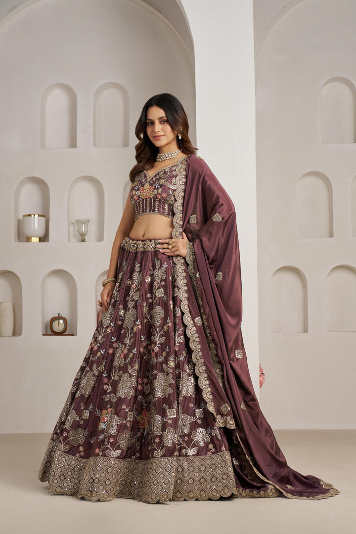 Designer Onion Color Lehenga Choli with Golden Floral Detailing | SHOBITAM