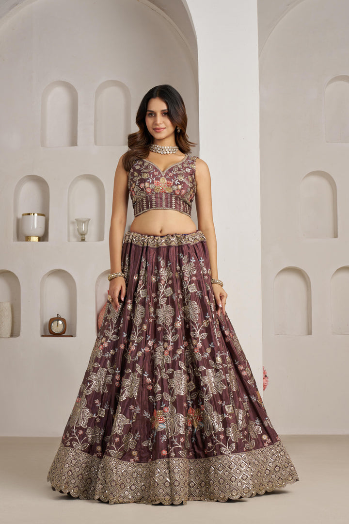 Designer Onion Color Lehenga Choli with Golden Floral Detailing | SHOBITAM