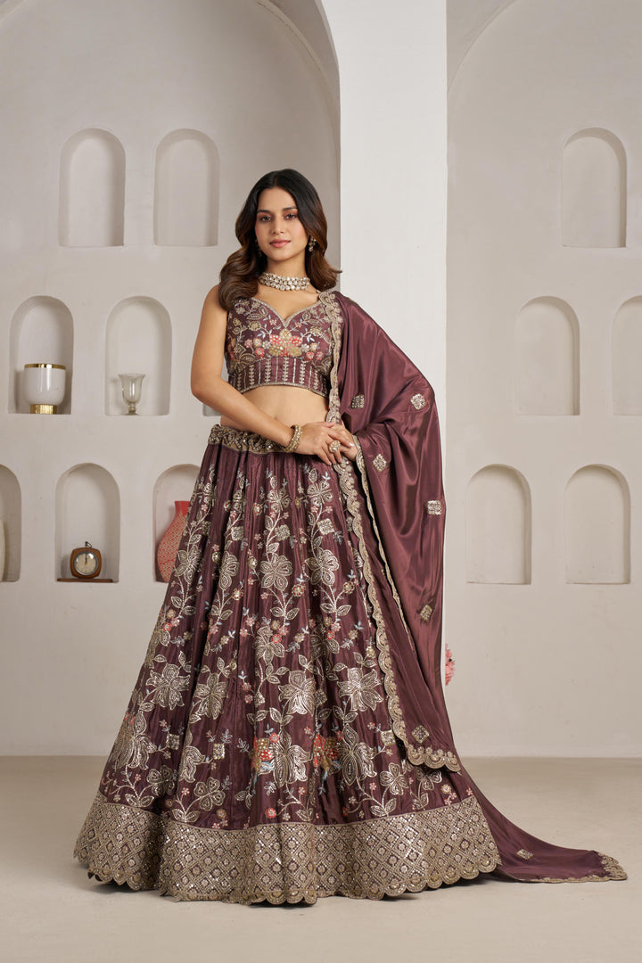 Designer Onion Color Lehenga Choli with Golden Floral Detailing | SHOBITAM