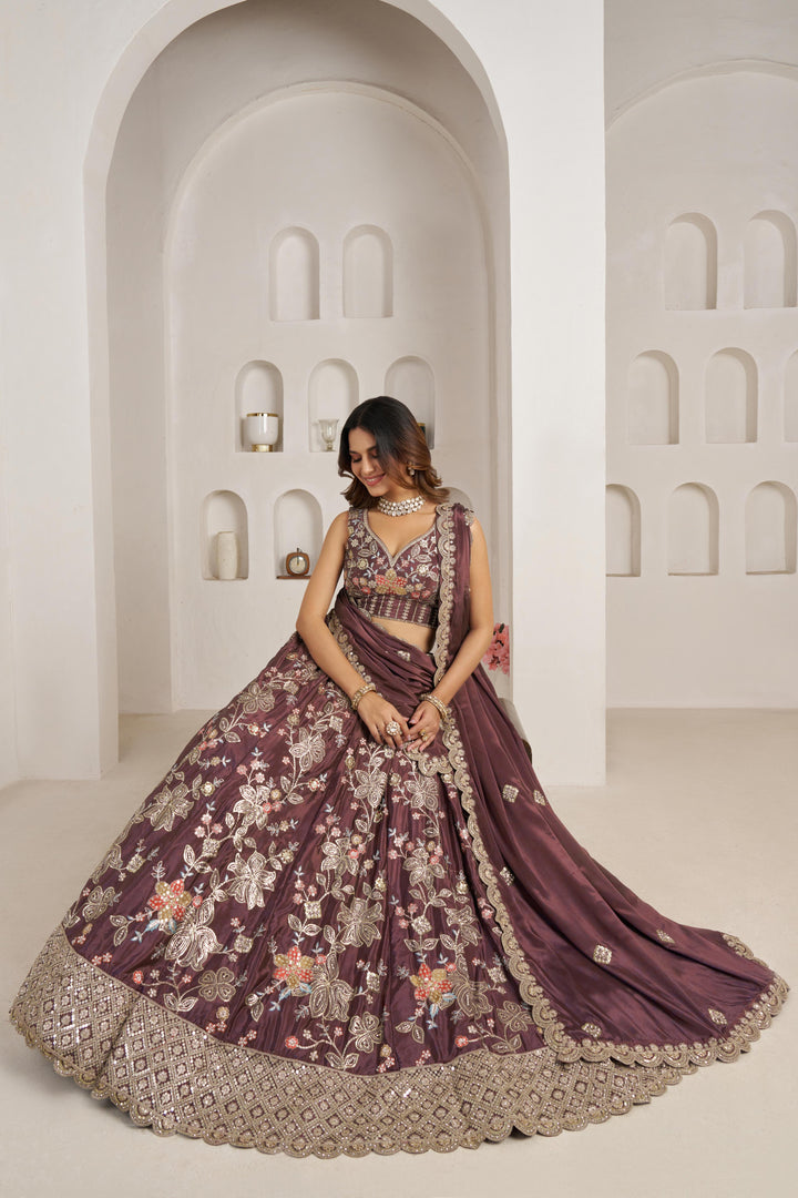 Designer Onion Color Lehenga Choli with Golden Floral Detailing | SHOBITAM