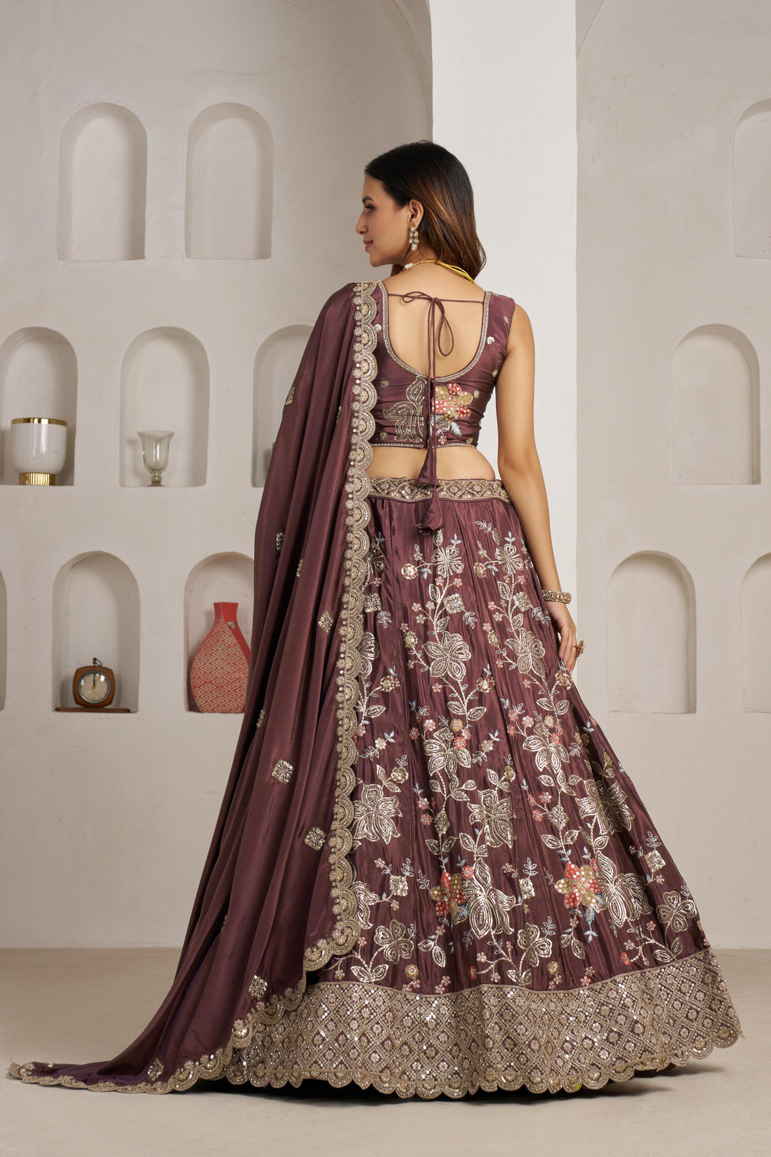 Designer Onion Color Lehenga Choli with Golden Floral Detailing | SHOBITAM