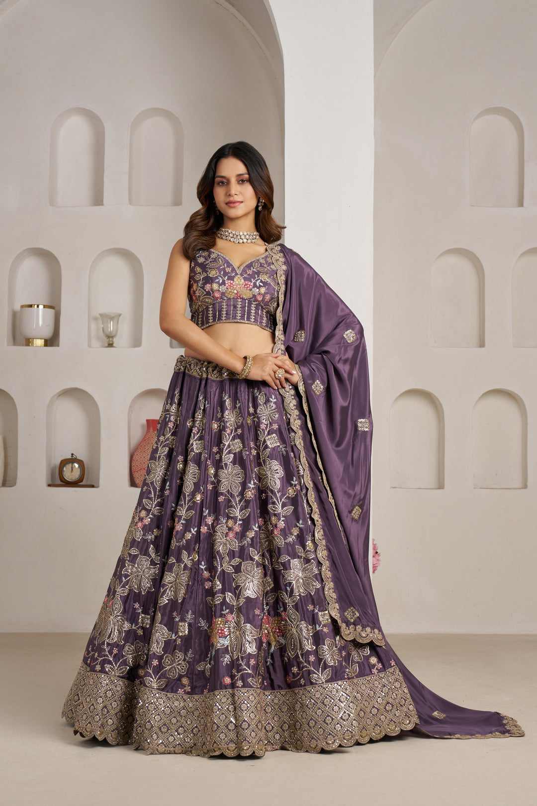 Trendy Purple Lehenga choli with Elegant Golden Floral Design | SHOBITAM