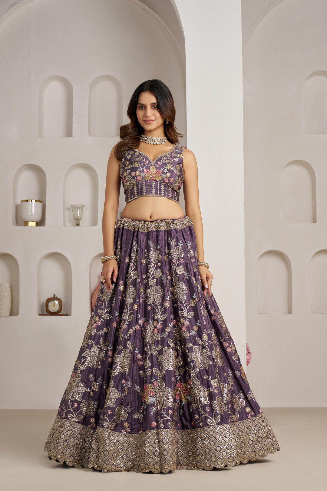 Trendy Purple Lehenga choli with Elegant Golden Floral Design | SHOBITAM