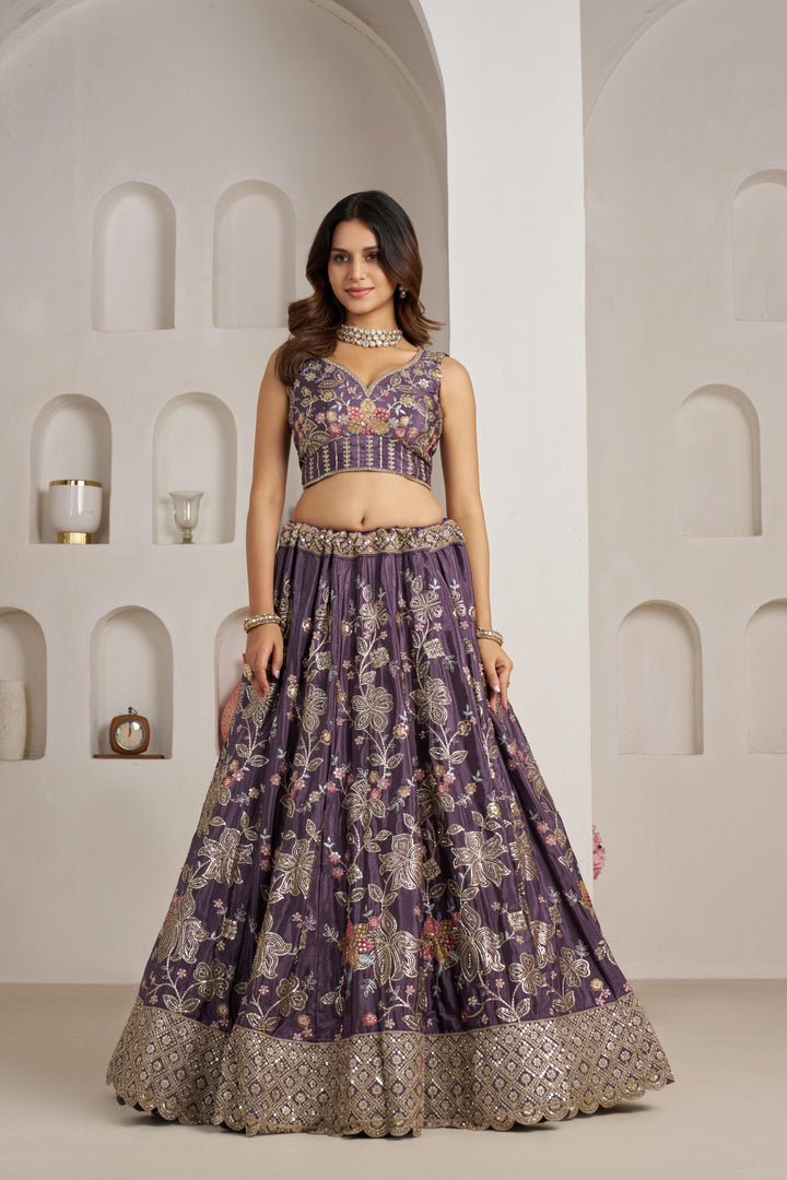 Trendy Purple Lehenga choli with Elegant Golden Floral Design | SHOBITAM