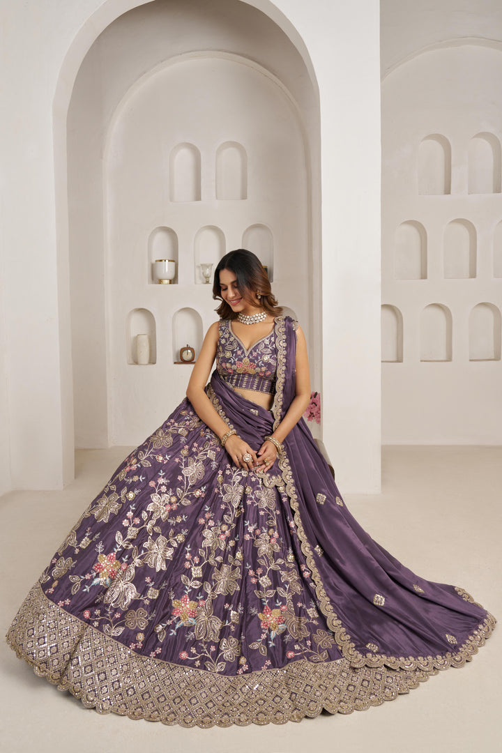 Trendy Purple Lehenga choli with Elegant Golden Floral Design | SHOBITAM