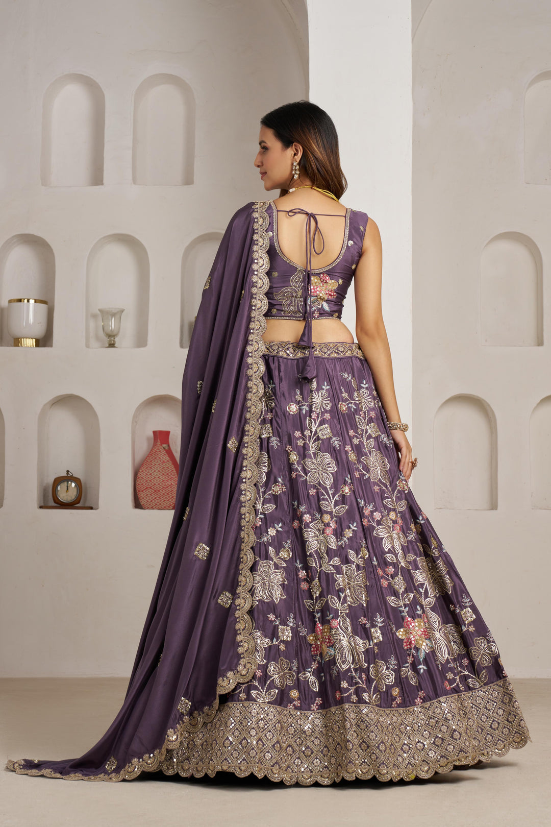 Trendy Purple Lehenga choli with Elegant Golden Floral Design | SHOBITAM