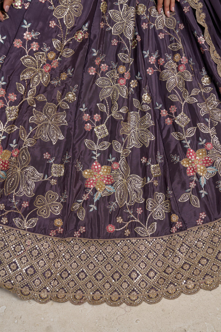 Trendy Purple Lehenga choli with Elegant Golden Floral Design | SHOBITAM