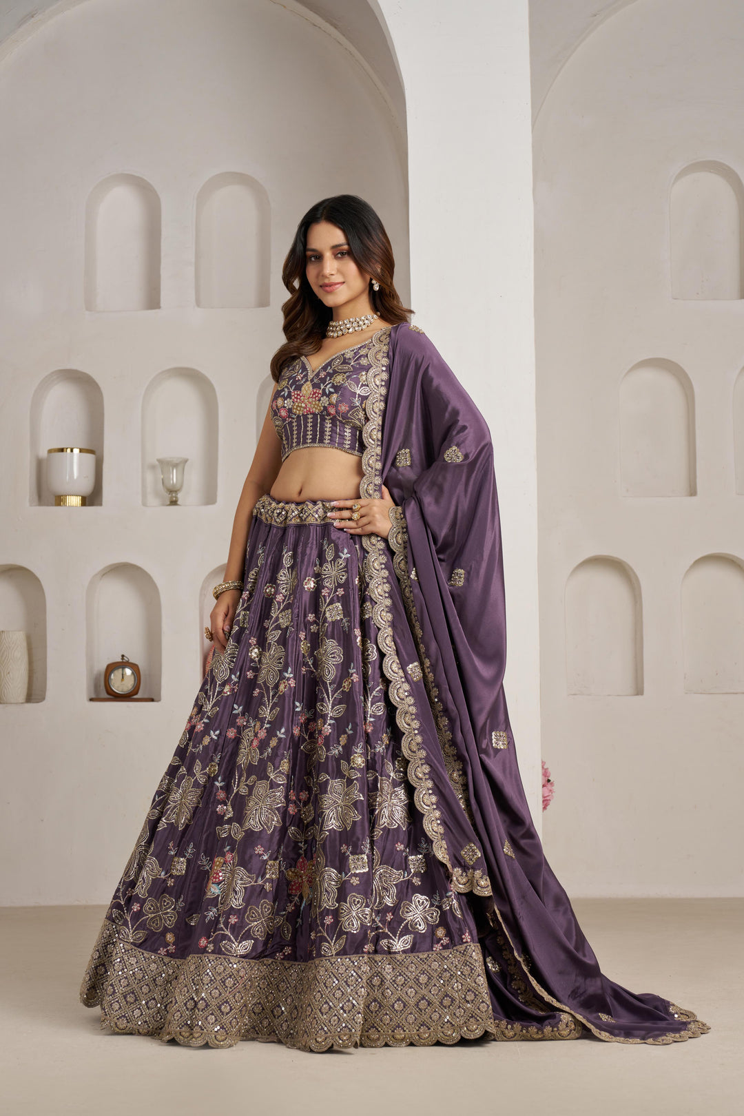 Trendy Purple Lehenga choli with Elegant Golden Floral Design | SHOBITAM