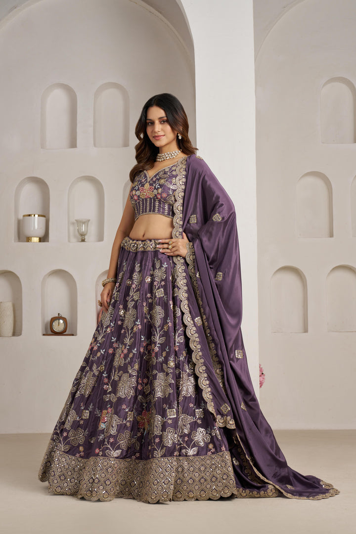 Trendy Purple Lehenga choli with Elegant Golden Floral Design | SHOBITAM