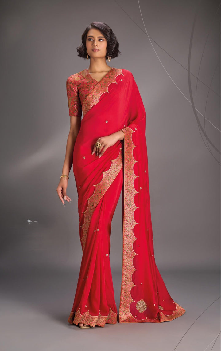 Rani Pink Vegan Silk Habutai Saree with embellishments and Scallop Border