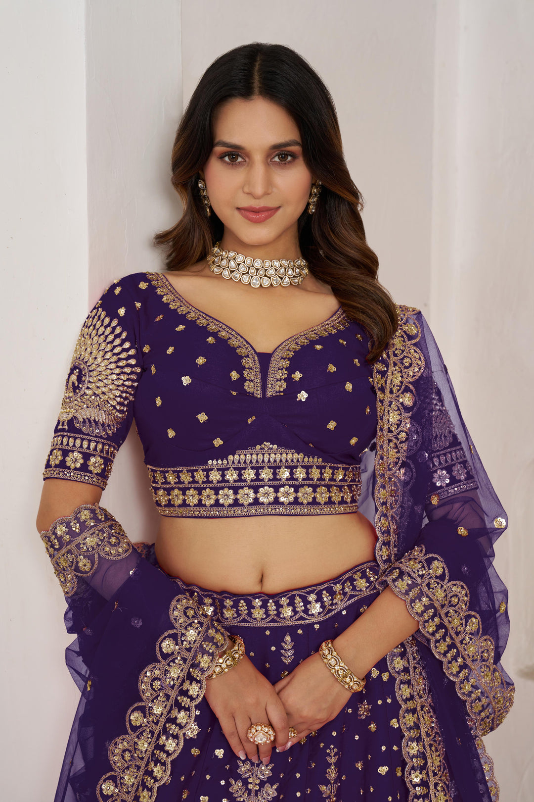 Luxurious Purple Lehenga Featuring Intricate Floral and Bird Designs | SHOBITAM