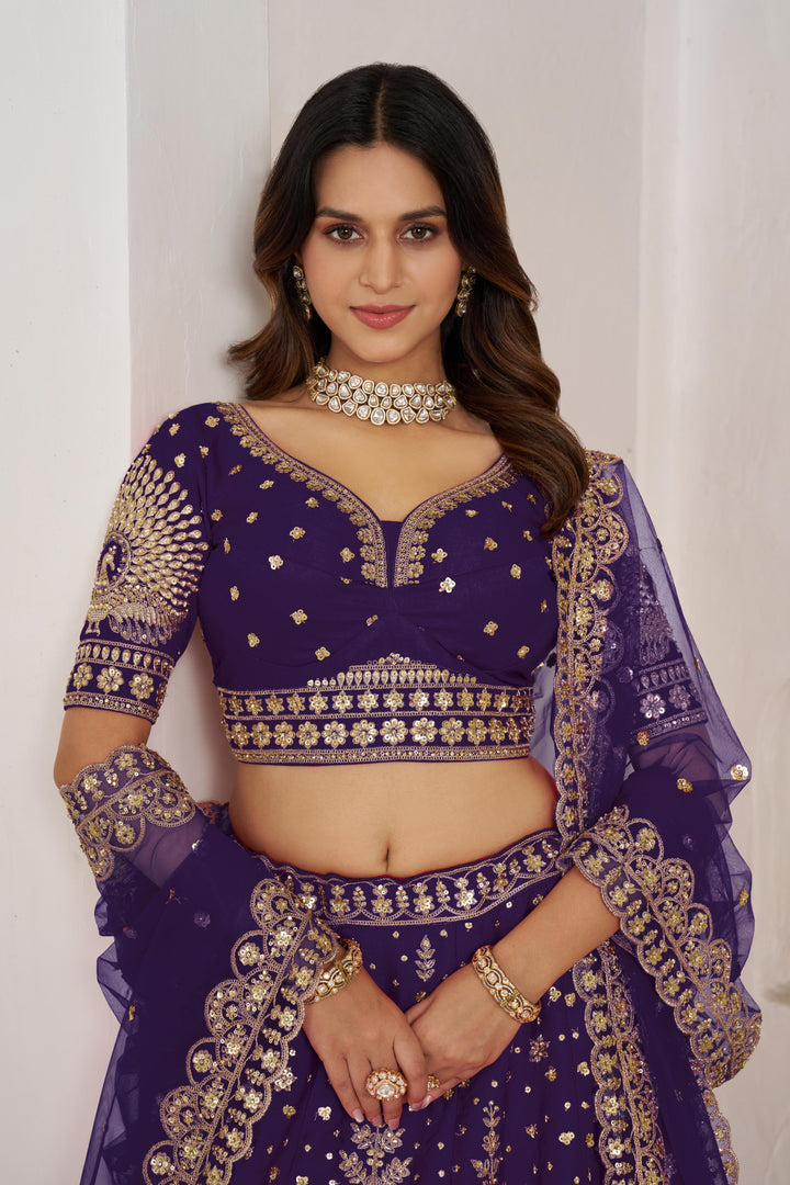 Luxurious Purple Lehenga Featuring Intricate Floral and Bird Designs | SHOBITAM