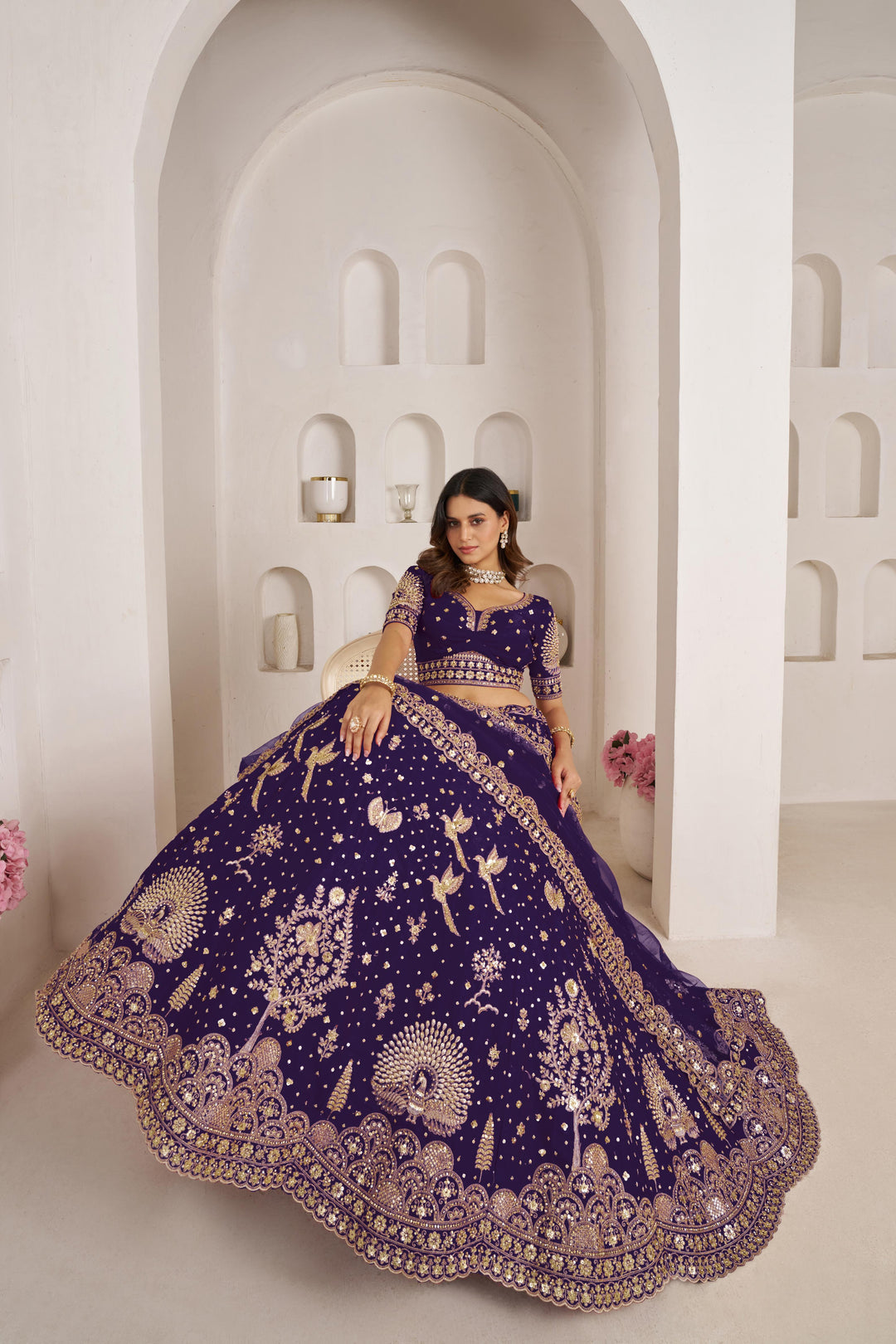 Luxurious Purple Lehenga Featuring Intricate Floral and Bird Designs | SHOBITAM