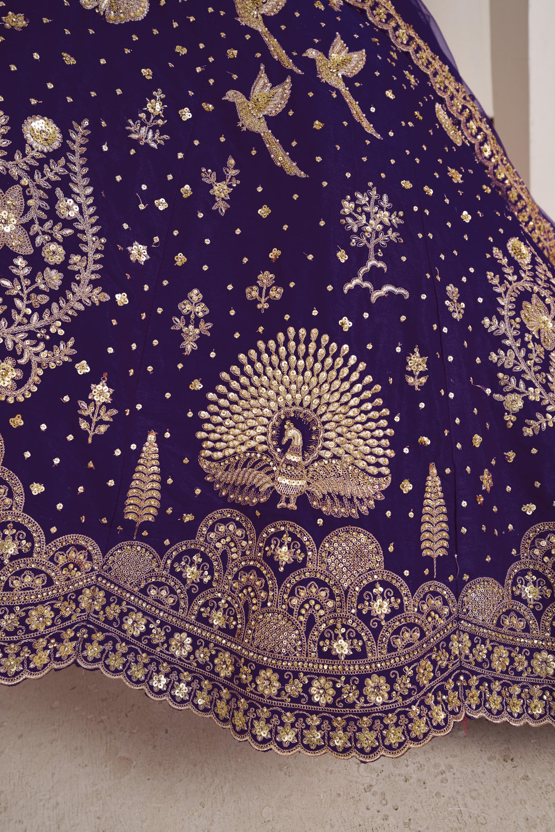 Luxurious Purple Lehenga Featuring Intricate Floral and Bird Designs | SHOBITAM