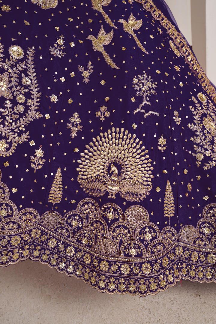 Luxurious Purple Lehenga Featuring Intricate Floral and Bird Designs | SHOBITAM