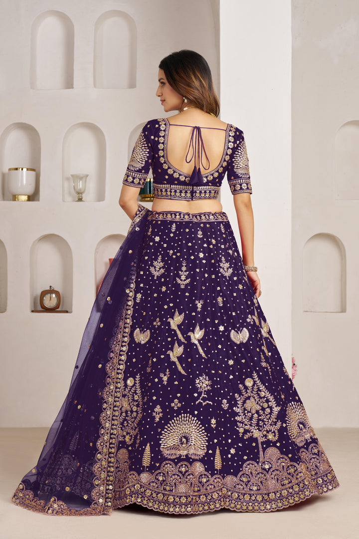 Luxurious Purple Lehenga Featuring Intricate Floral and Bird Designs | SHOBITAM
