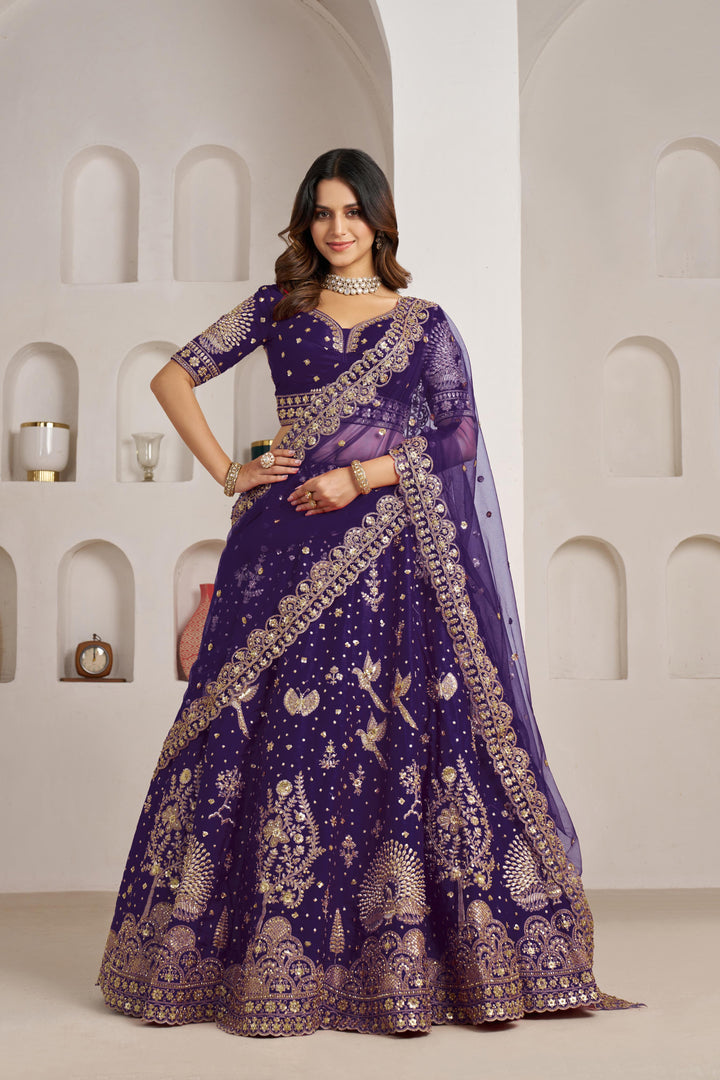 Luxurious Purple Lehenga Featuring Intricate Floral and Bird Designs | SHOBITAM