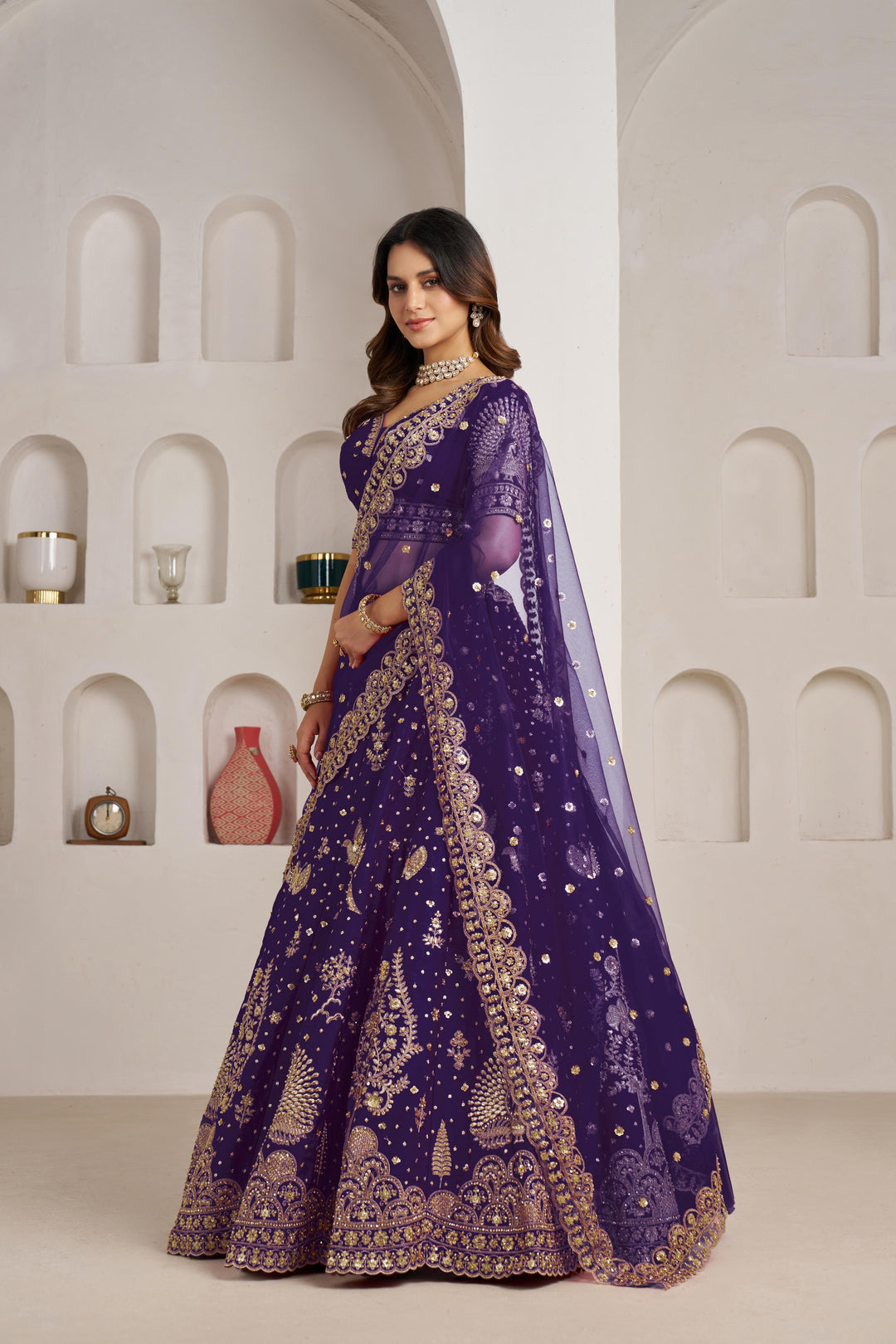 Luxurious Purple Lehenga Featuring Intricate Floral and Bird Designs | SHOBITAM