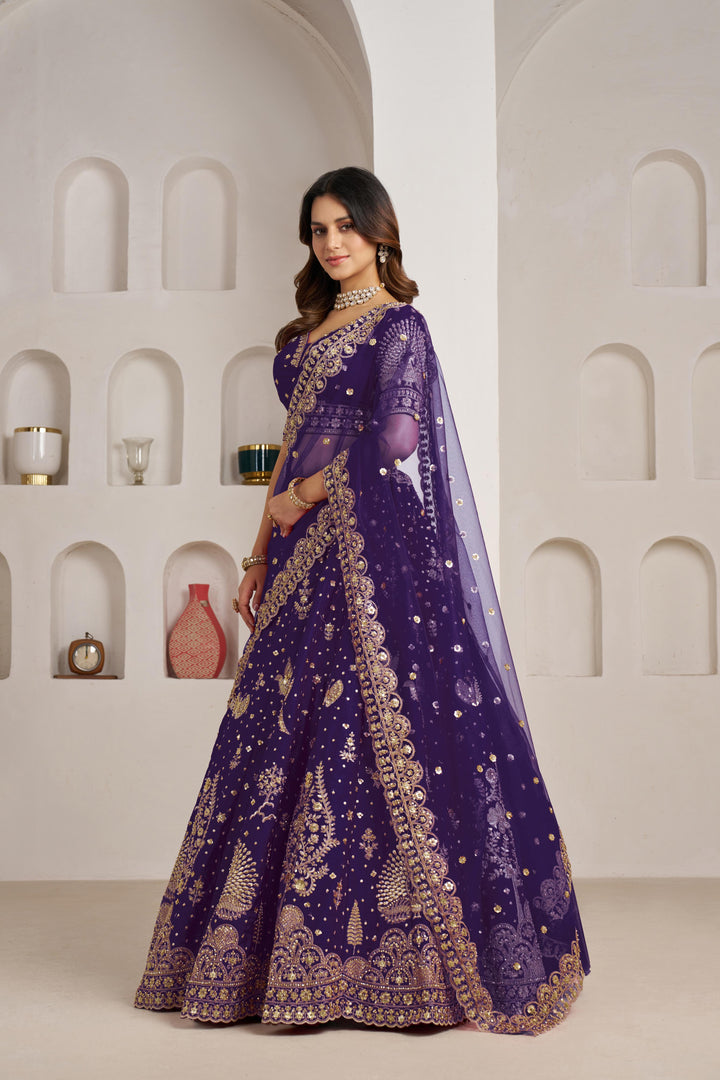 Luxurious Purple Lehenga Featuring Intricate Floral and Bird Designs | SHOBITAM