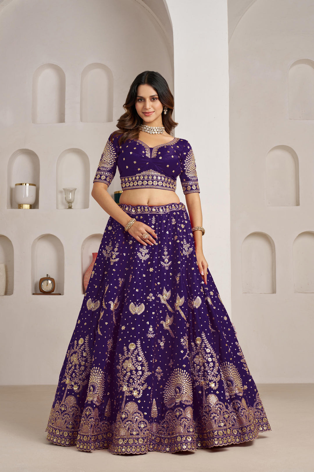 Luxurious Purple Lehenga Featuring Intricate Floral and Bird Designs | SHOBITAM