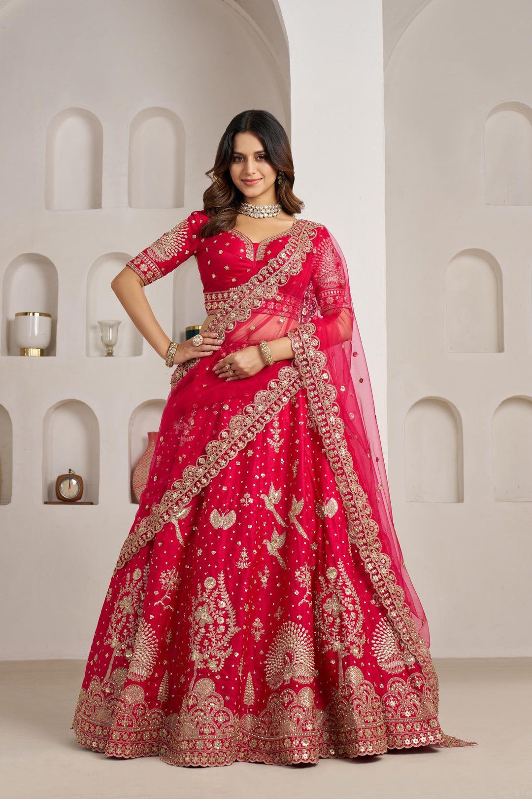 Bridal Couture Rani Lehenga with Royal Floral Embroidery | SHOBITAM