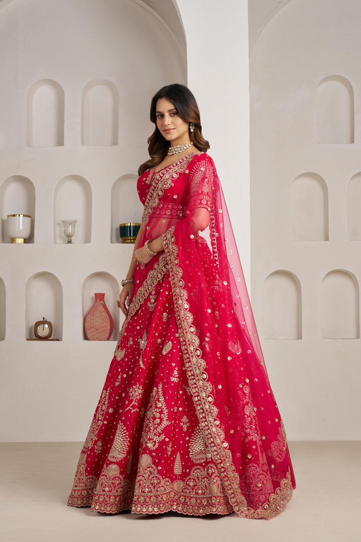 Bridal Couture Rani Lehenga with Royal Floral Embroidery | SHOBITAM