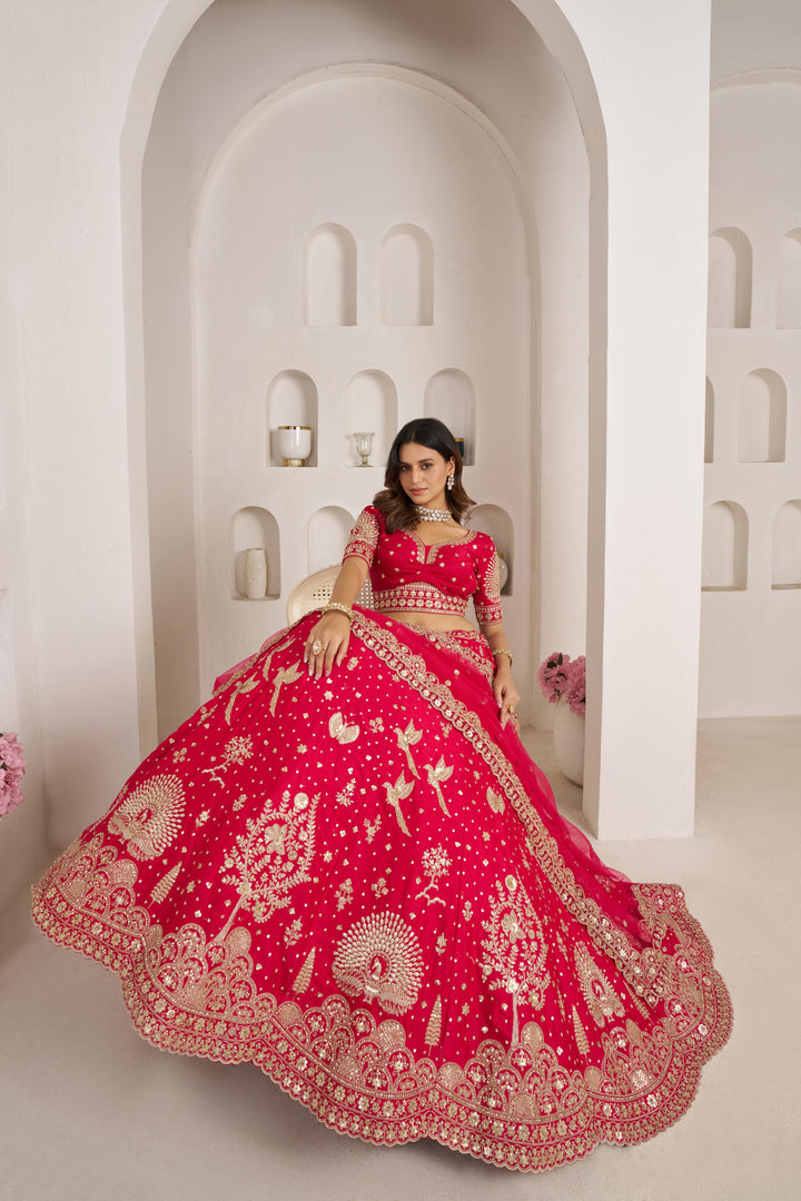 Bridal Couture Rani Lehenga with Royal Floral Embroidery | SHOBITAM