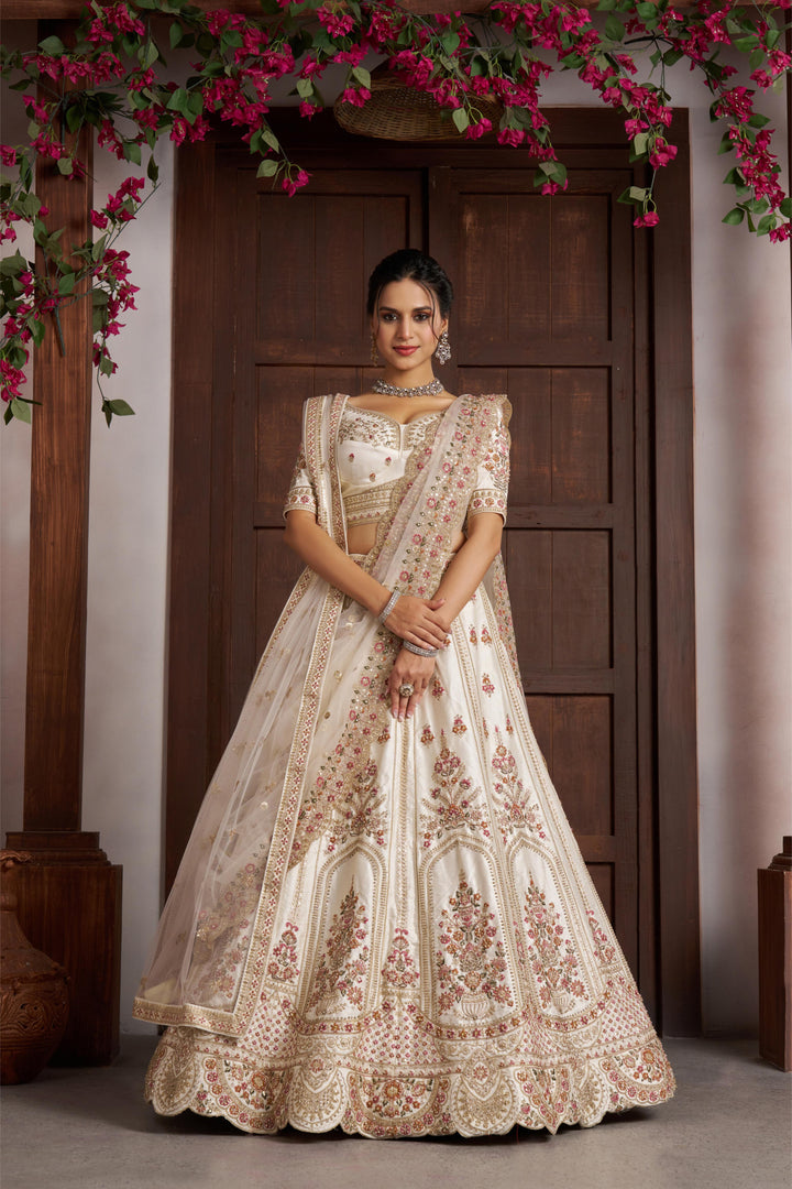 Elegant White bridal Lehenga with Double Dupatta & Multicolor Embroidery | SHOBITAM