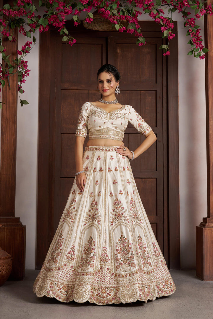 Elegant White bridal Lehenga with Double Dupatta & Multicolor Embroidery | SHOBITAM