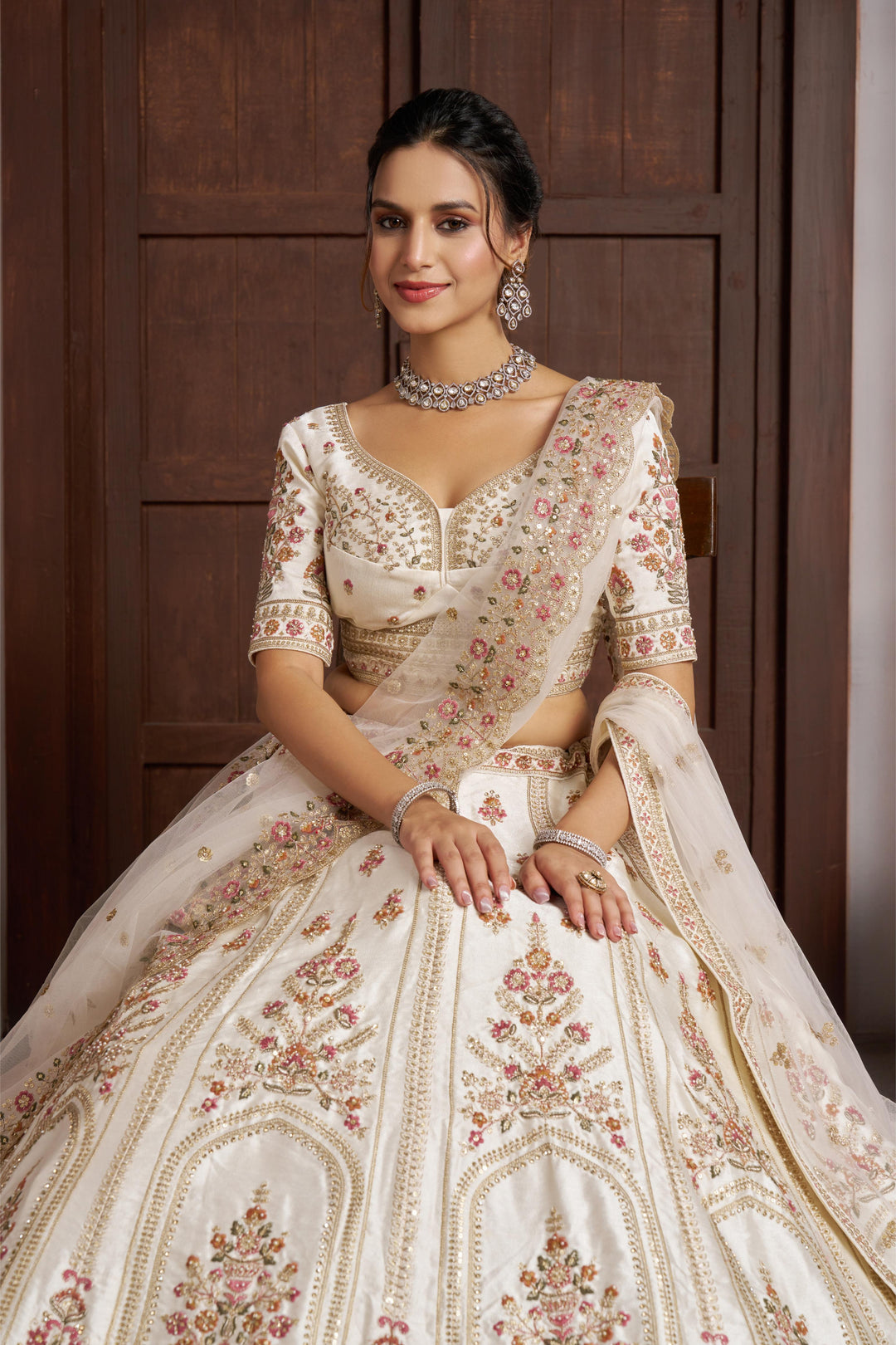 Elegant White bridal Lehenga with Double Dupatta & Multicolor Embroidery | SHOBITAM
