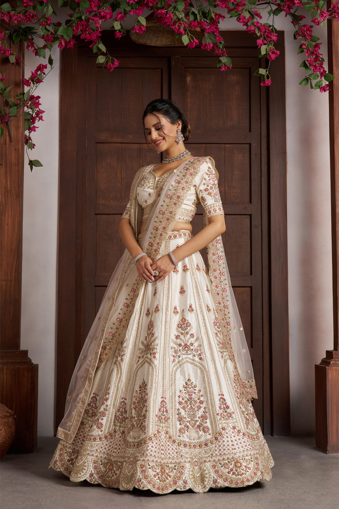 Elegant White bridal Lehenga with Double Dupatta & Multicolor Embroidery | SHOBITAM