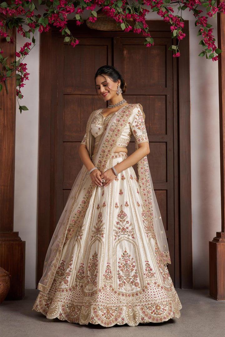 Elegant White bridal Lehenga with Double Dupatta & Multicolor Embroidery | SHOBITAM