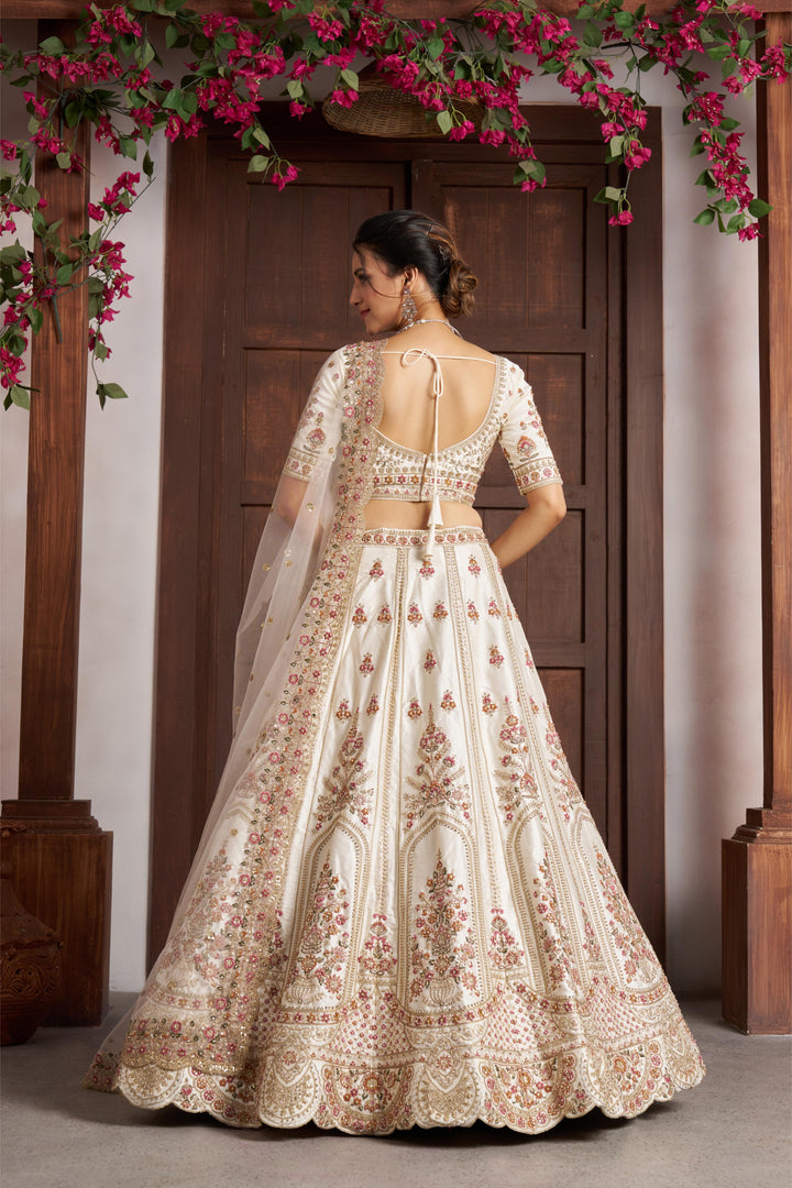Elegant White bridal Lehenga with Double Dupatta & Multicolor Embroidery | SHOBITAM