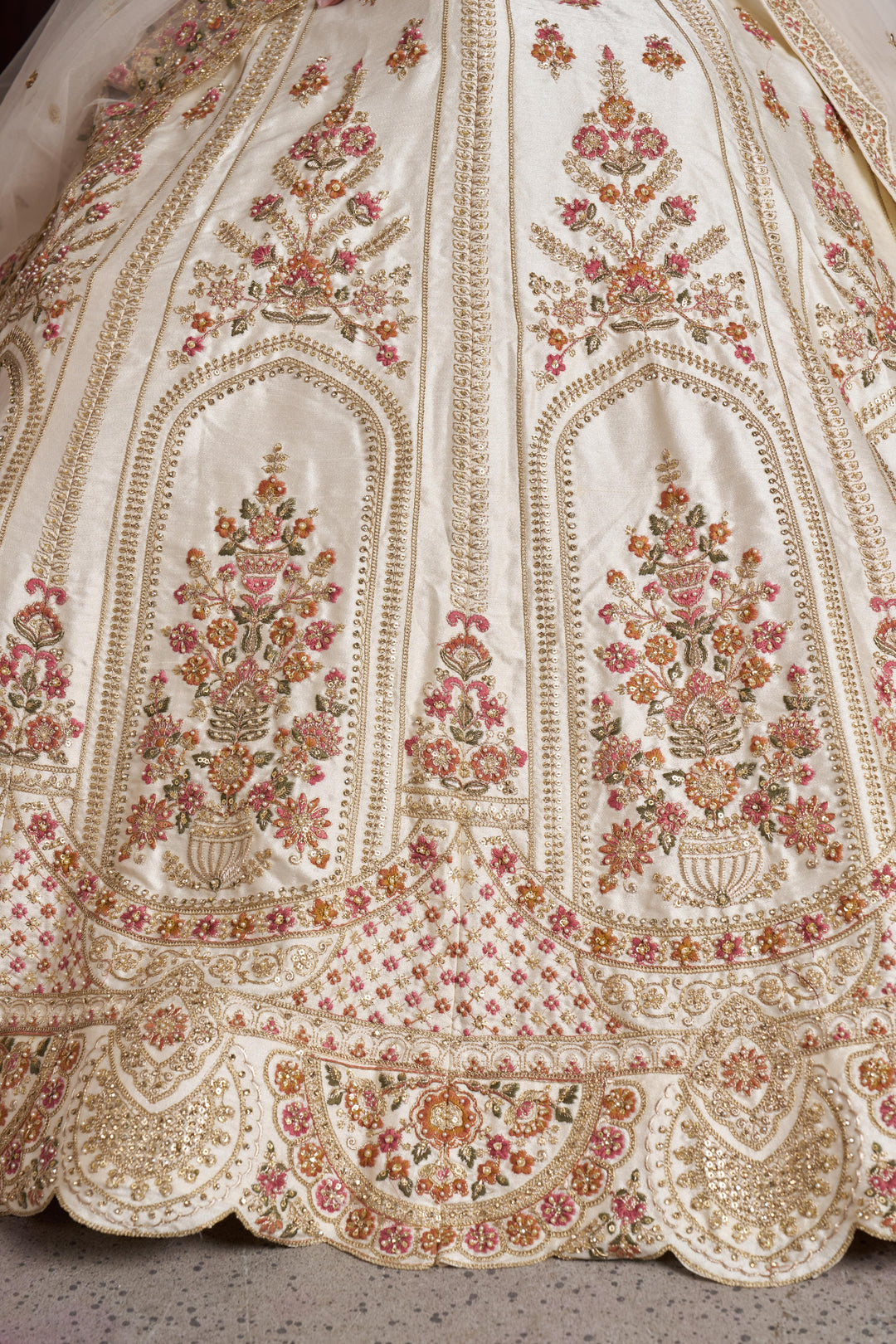 Elegant White bridal Lehenga with Double Dupatta & Multicolor Embroidery | SHOBITAM