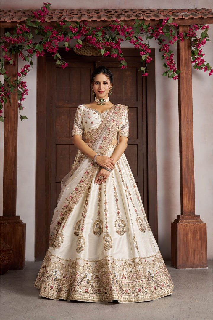 Luxurious White Lehenga with Elegant Thread & Peacock Design | SHOBITAM
