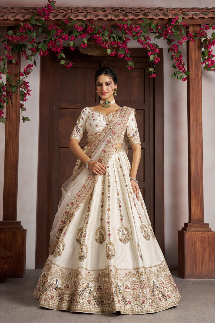 Luxurious White Lehenga with Elegant Thread & Peacock Design | SHOBITAM