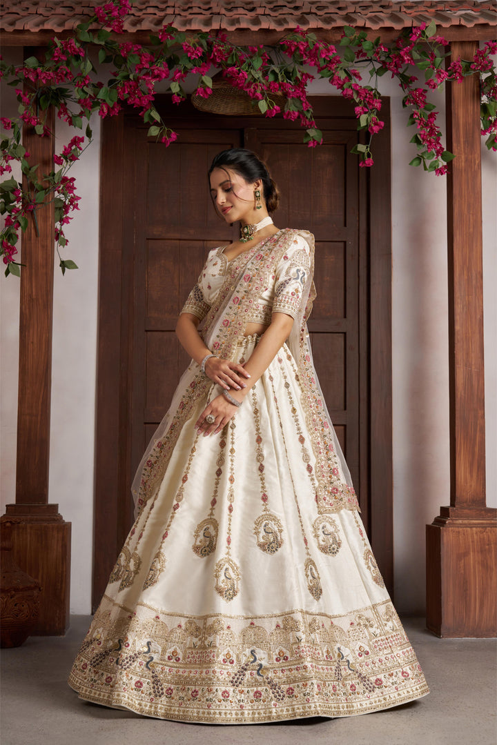Luxurious White Lehenga with Elegant Thread & Peacock Design | SHOBITAM