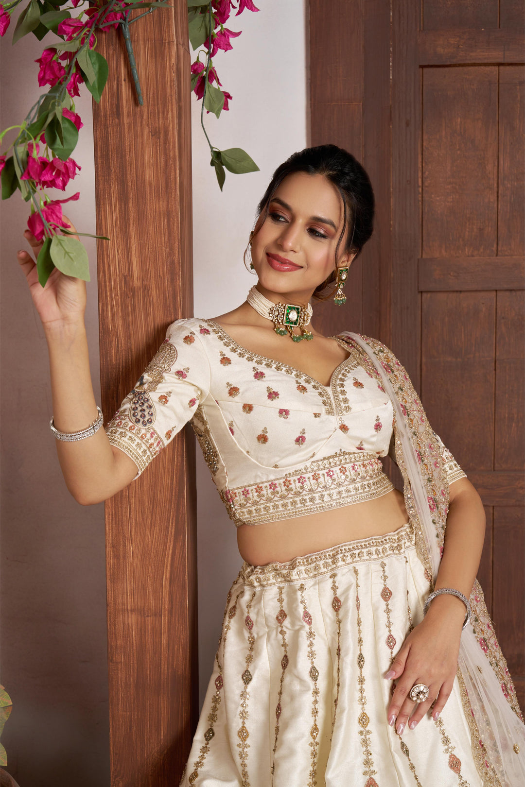 Luxurious White Lehenga with Elegant Thread & Peacock Design | SHOBITAM
