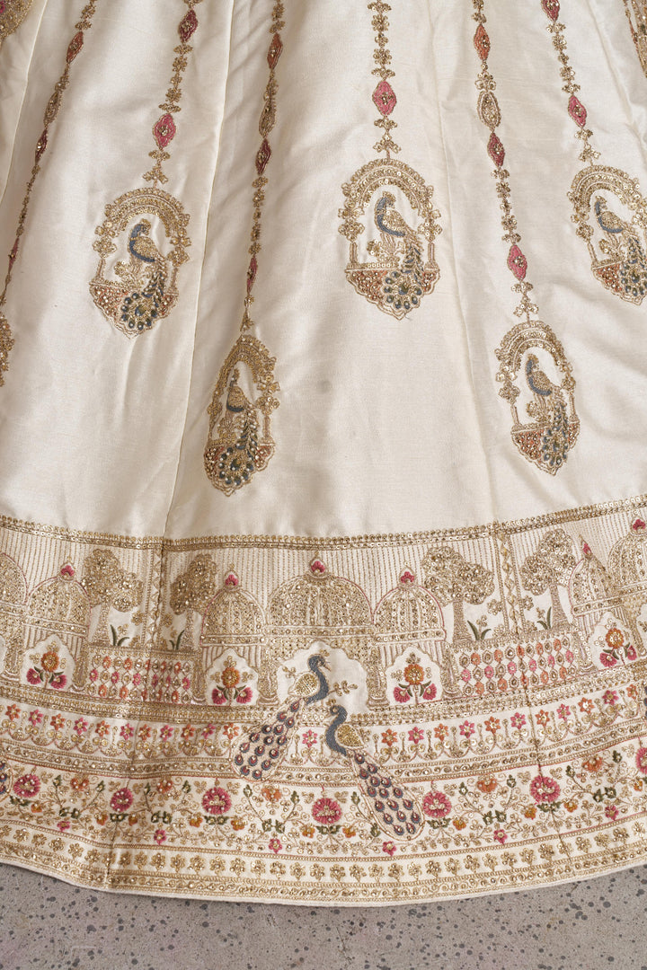Luxurious White Lehenga with Elegant Thread & Peacock Design | SHOBITAM