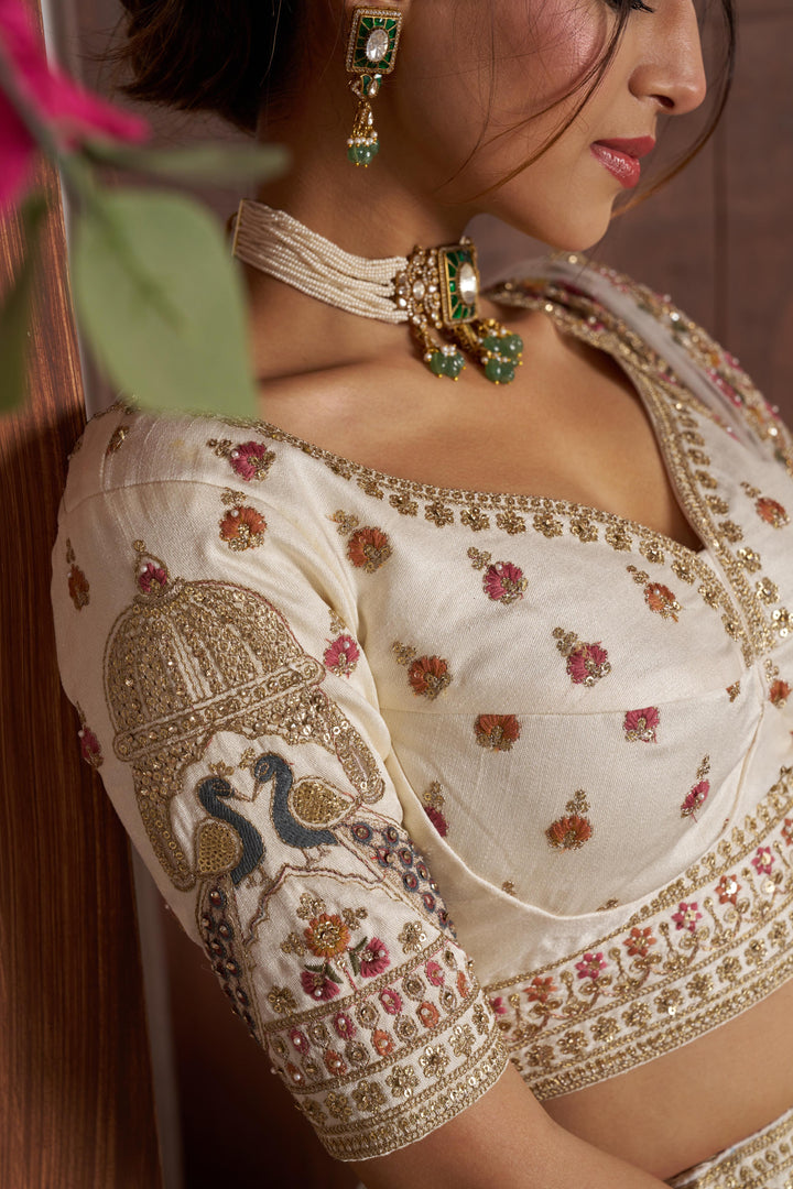 Luxurious White Lehenga with Elegant Thread & Peacock Design | SHOBITAM