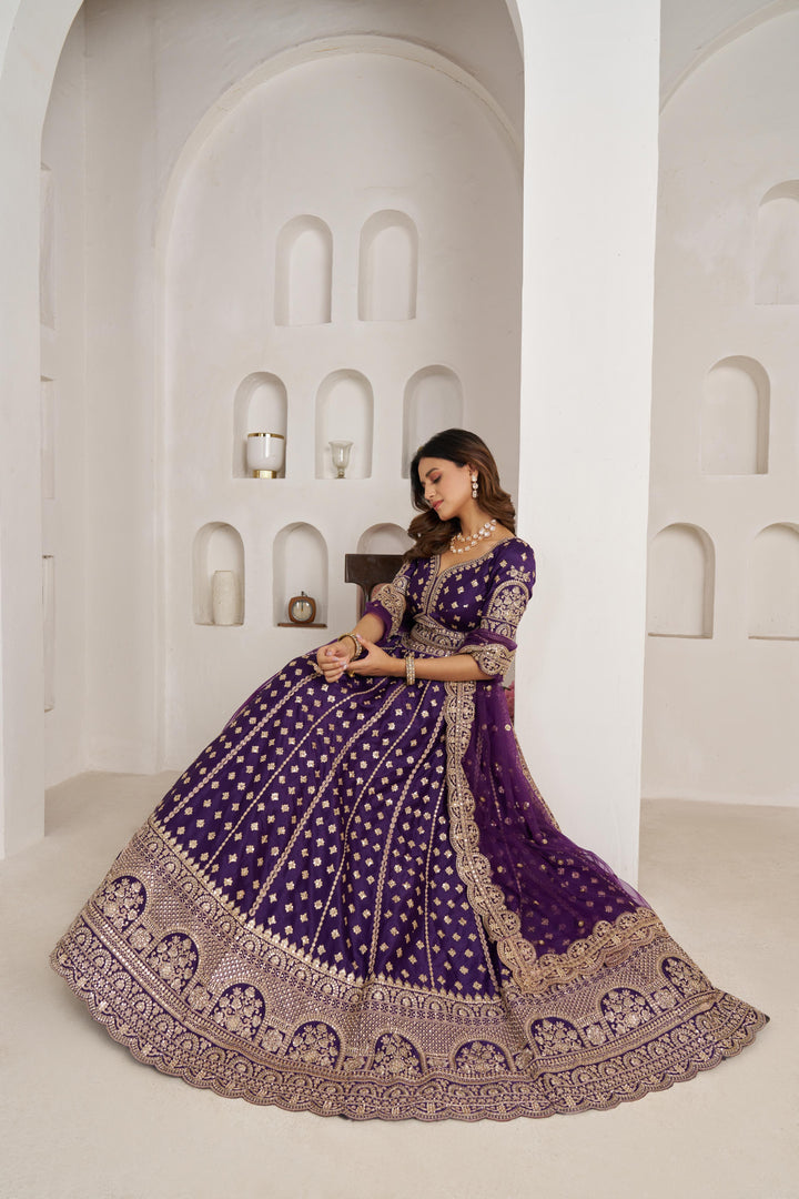 Elegant Purple Bridal Lehenga with Double Dupatta Styling | SHOBITAM
