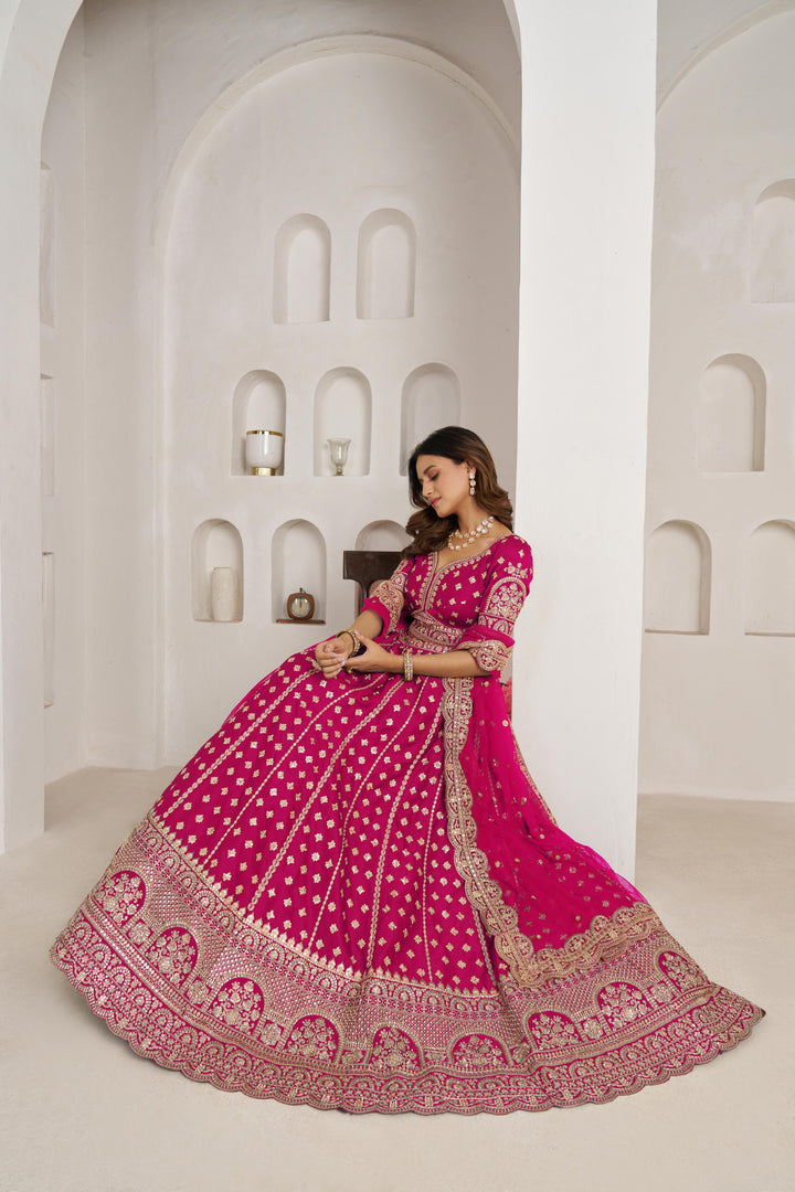 Elegant Rani Bridal Lehenga with Double Dupatta Styling | SHOBITAM