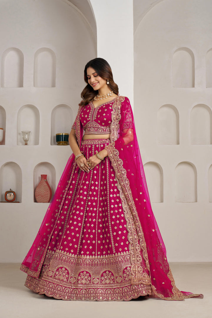 Elegant Rani Bridal Lehenga with Double Dupatta Styling | SHOBITAM