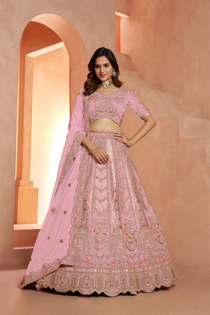 Premium Pink Banarasi Bridal Lehenga with Soft Pastel Tones | SHOBITAM