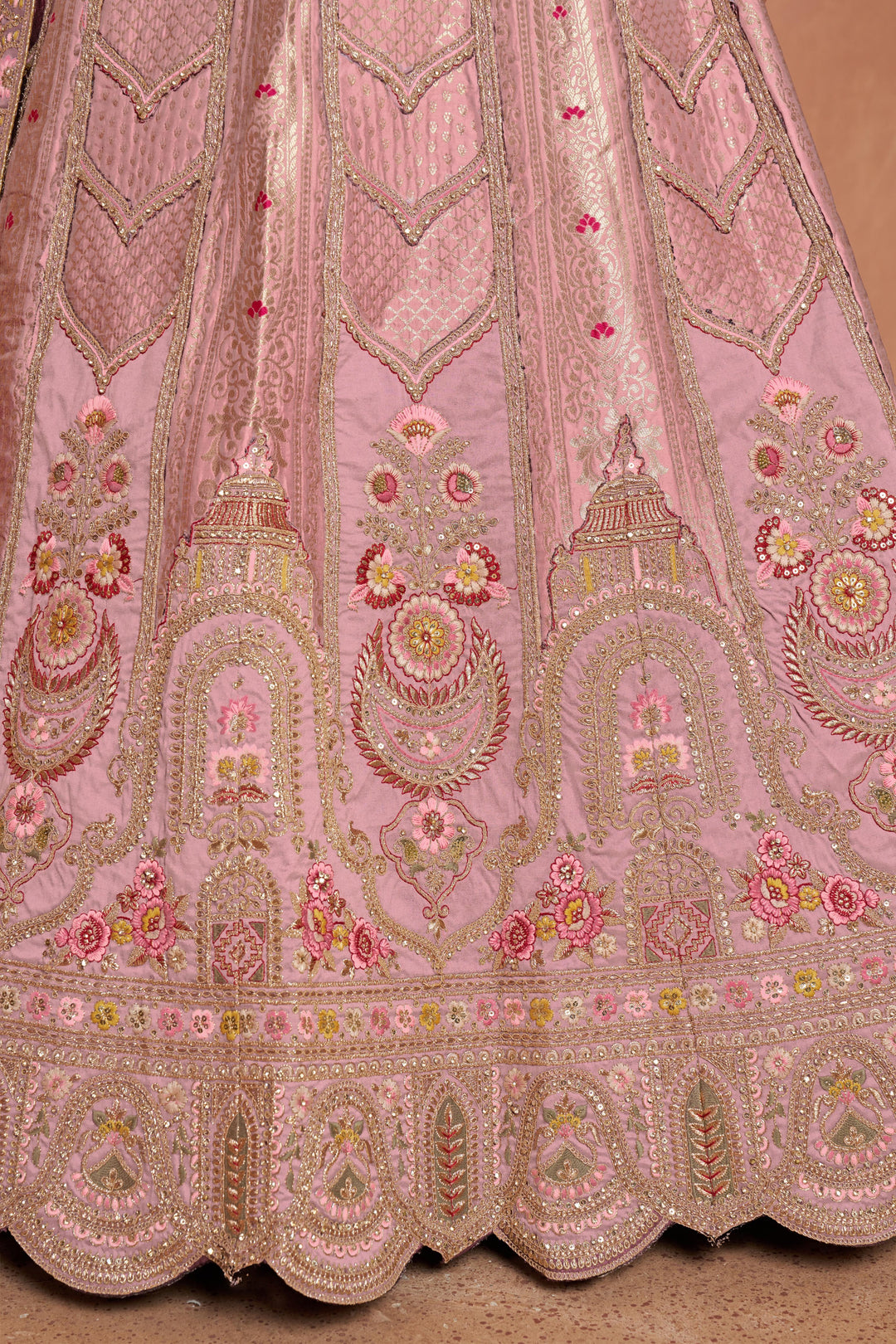 Premium Pink Banarasi Bridal Lehenga with Soft Pastel Tones | SHOBITAM