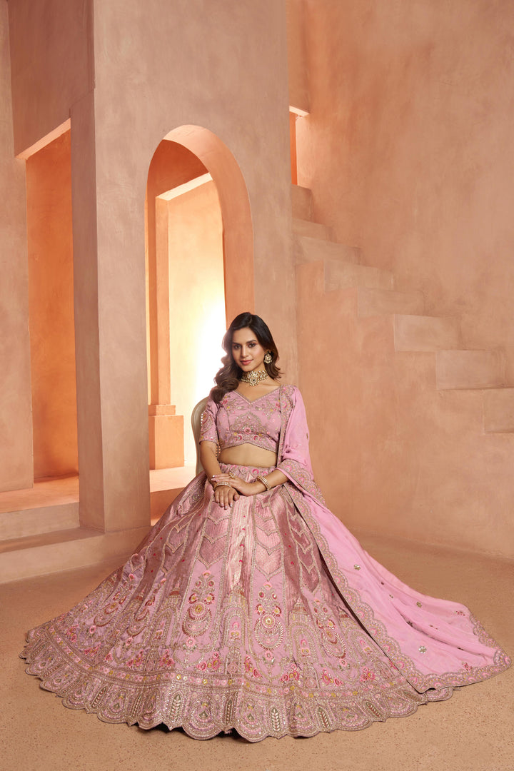 Premium Pink Banarasi Bridal Lehenga with Soft Pastel Tones | SHOBITAM