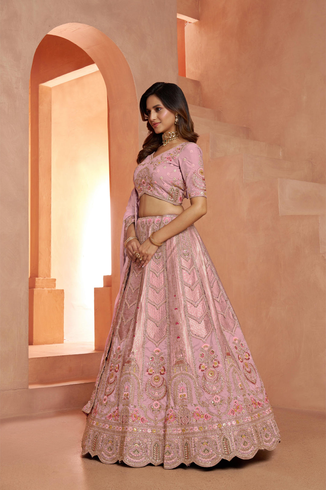 Premium Pink Banarasi Bridal Lehenga with Soft Pastel Tones | SHOBITAM