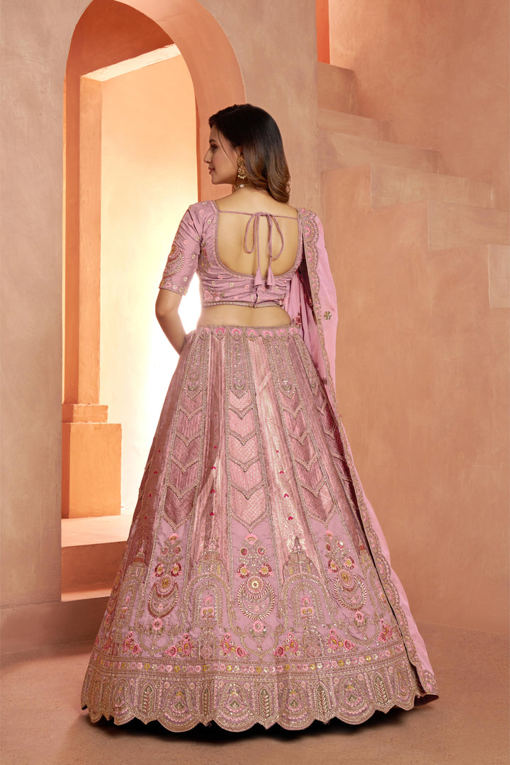 Premium Pink Banarasi Bridal Lehenga with Soft Pastel Tones | SHOBITAM